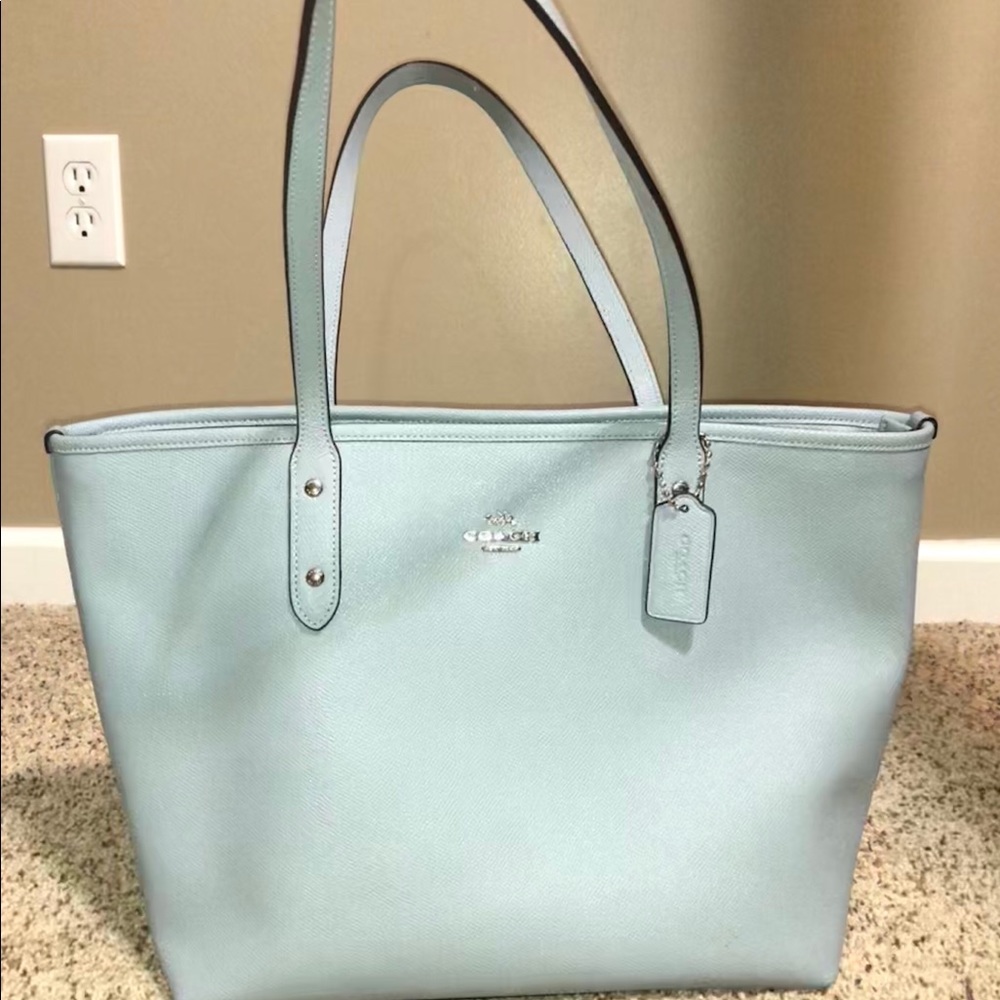Baby blue/metallic coach purse